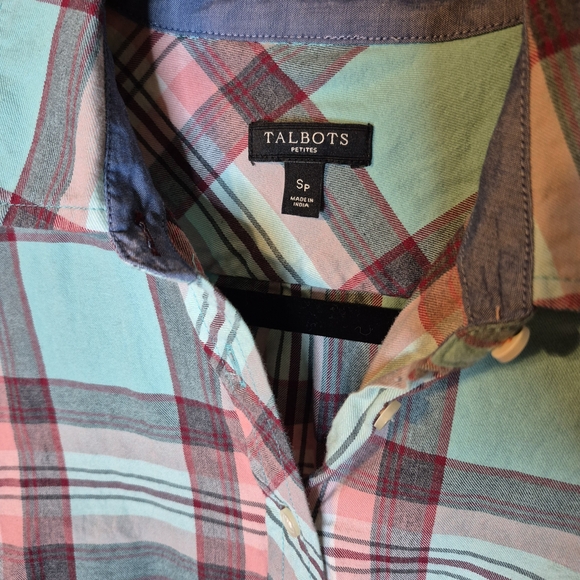 Talbots Teal and Pink Plaid Button Down Shirt - Picture 2 of 6